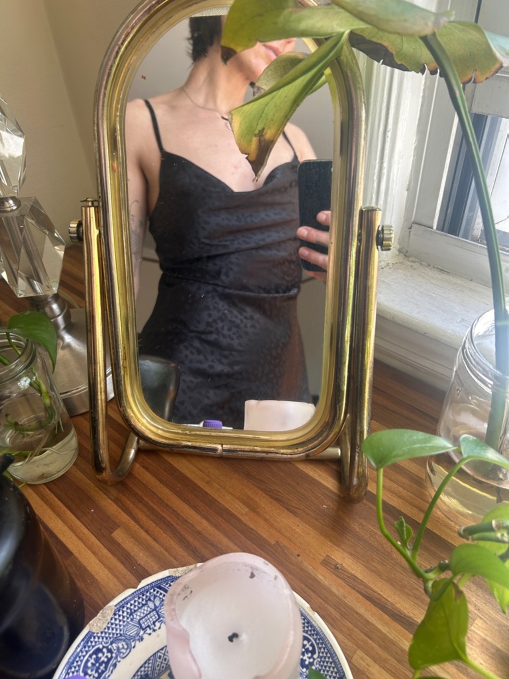 Slip Dress Black Satin Animal Print Mono Black